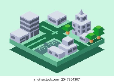 City Outskirts in Isometric View, Green and Hue Duo Tone Colored, Pixel Art Styled Illustration