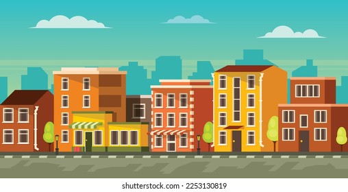 City outskirts with low-rise houses on the background of metropolis. Vector graphics
