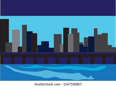 city ​​landscape over a long river