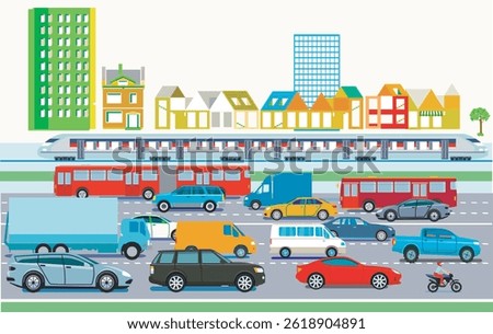 City overview with highway and rapid transit illustration