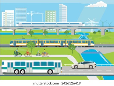 Visión general de la ciudad con el tráfico por carretera y el tráfico de tren con la ilustración de personas