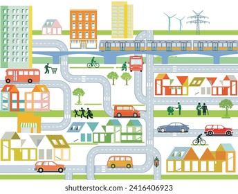 Stadtübersicht mit Verkehr und Häusern, Informationsgrafik