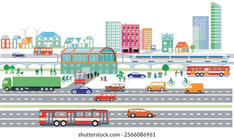 City overview with traffic and houses, information illustration