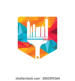 Diseño del logo vectorial del pincel de pintura de la ciudad. Icono de construcción de reparación de renovación de edificios.	