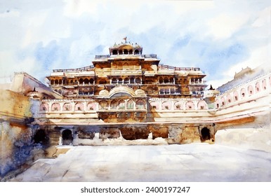 Mano del Palacio de la Ciudad pintada en acuarela, Jaipur, Palacio Rajasthan