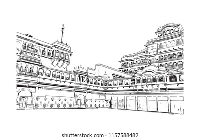 City Palace, Jaipur, which includes the Chandra Mahal and Mubarak Mahal palaces, is a palace complex in Jaipur, the capital of the Rajasthan state, India. Hand drawn sketch illustration in vector.