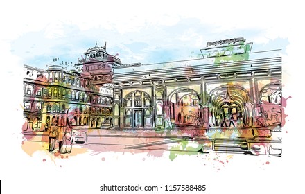City Palace, Jaipur, which includes the Chandra Mahal and Mubarak Mahal palaces, is a palace complex in Jaipur, Rajasthan, India. Watercolor splash with Hand drawn sketch illustration in vector.
