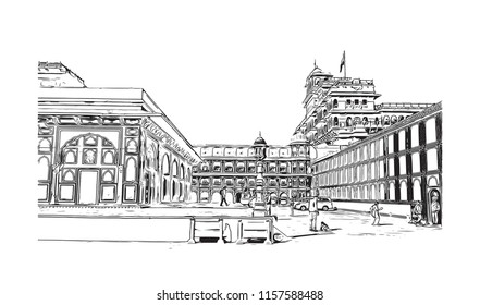 City Palace, Jaipur, which includes the Chandra Mahal and Mubarak Mahal palaces, is a palace complex in Jaipur, the capital of the Rajasthan state, India. Hand drawn sketch illustration in vector.