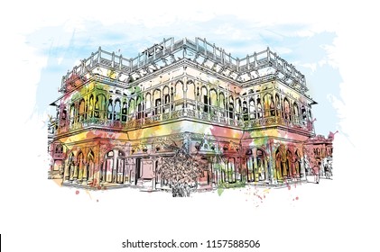City Palace, Jaipur, which includes the Chandra Mahal and Mubarak Mahal palaces, is a palace complex in Jaipur, Rajasthan, India. Watercolor splash with Hand drawn sketch illustration in vector.