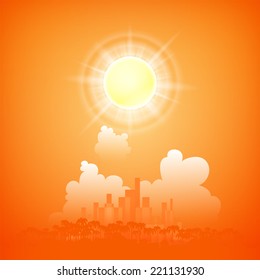 City and palm trees on a background of clouds and a bright orange sun, vector illustration