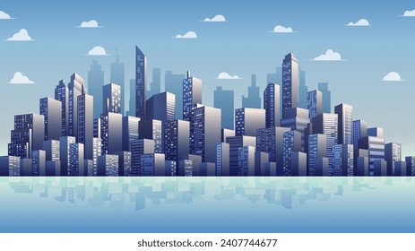 City panorama. Abstract horizontal background cityscape. Panorama in frat style. Header for web. Buildings of business district. Editable vector illustration