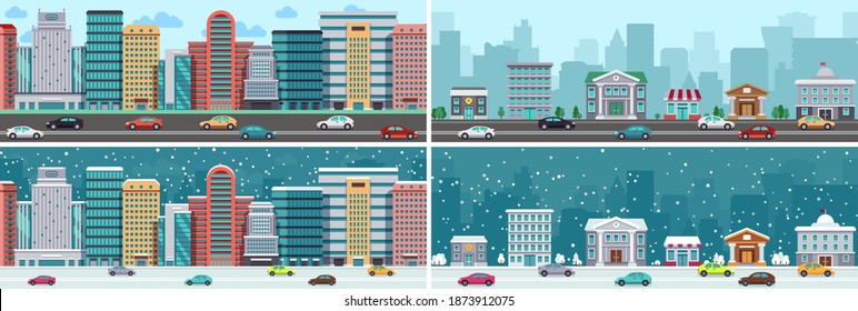 Vista panorámica de la ciudad. En el centro de la ciudad, en el suburbio de la carretera. Edificios bonitos de distintas temporadas. Tiempo de nieve, paisaje urbano invernal y veraniego, coches en la ilustración de los vectores de autopistas