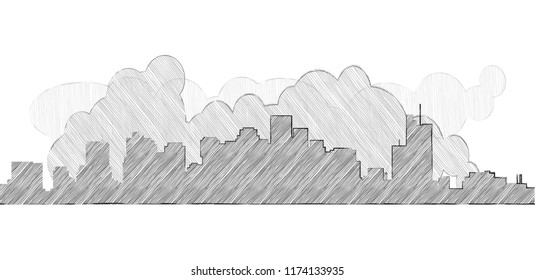 City panorama. Drawn with pencil. Construction, clouds, buildings. Silhouette of a big city