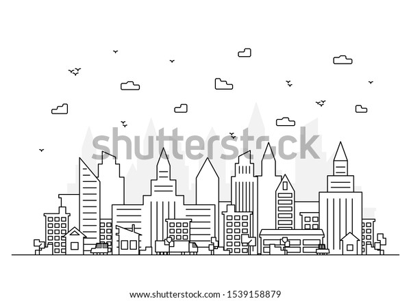 City panorama of fine lines,
building, house, office, high-rise, skyscraper, perspective, car,
taxi, truck, clouds, birds, trees, bushes. Urban wide
landscape