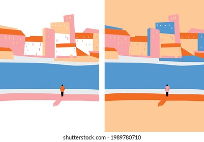 City panorama flat vector illustration. Sunny place with people in free time. City buildings windows and roofs. Flat abstract illustration. Two banner. Drawings for poster, card or background. 