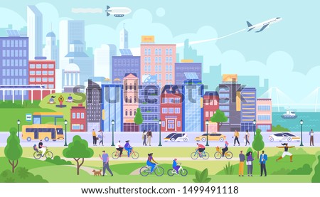 City panorama flat vector illustration. Happy citizens after quarantine. Smiling people rest in public park after isolation. Urban life, different activities, leisure. Buildings and transportation ストックフォト © 