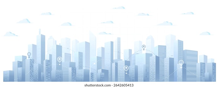 City panorama. GPS navigation to pins and multiple markers. Abstract horizontal background cityscape. Buildings of business district. Editable vector illustration