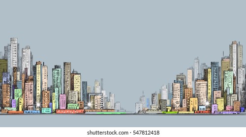 City Panorama, Hand Drawn Cityscape, Vector Drawing Illustration