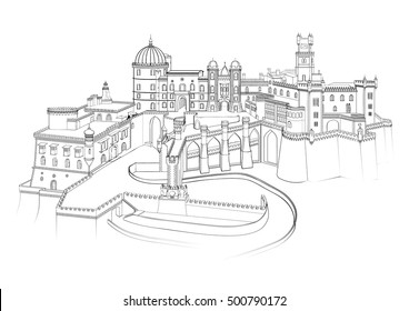 City panorama Hand drawn line sketch European old lock Portugal, Pena Palace Sintra, historical architecture with building. Ink drawing of cityscape, perspective view. Travel postcard. Birds eye view.