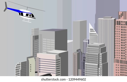 City panorama from the helicopter over skyscrapers