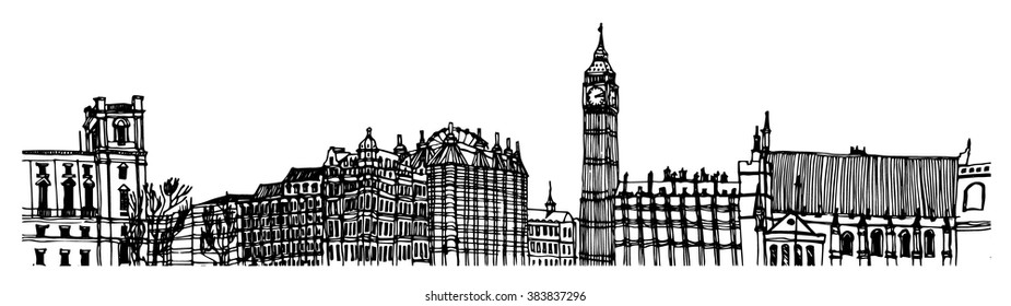 City Panorama Illustration. Hand Drawn Line Sketch European Old Town London, Historical Architecture With Building, Roof. Ink Drawing Of Cityscape, Perspective View. Travel Postcard. Birds Eye View