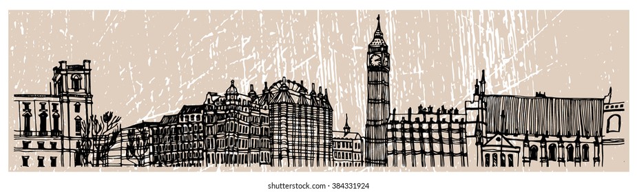 City panorama illustration. Hand drawn line sketch European old town London, historical architecture with building, roof. Ink drawing of cityscape, perspective view. Travel postcard. Birds eye view