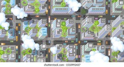 City panorama. Isometric top view.
Streets, houses, buildings, roads, crossroads, trees, cars. View from above.