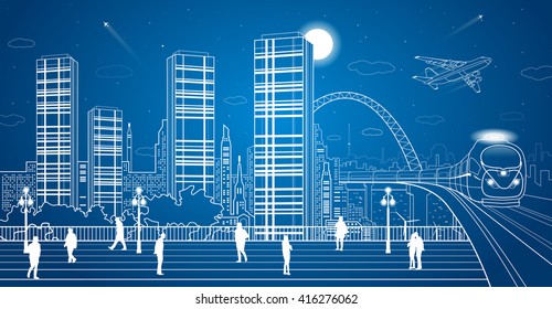 City panorama, office buildings and shopping centers, train rides, people walk on the square, the city's infrastructure, airplane fly, vector design art
