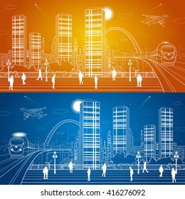 City panorama, office buildings and shopping centers, train rides, people walk on the square, the city's infrastructure, airplane fly, vector design art