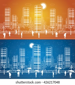 City panorama, office buildings and shopping centers, people walk on the square, the city's infrastructure, airplane fly, the rain, people under umbrellas, vector design art