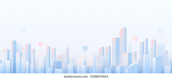 City panorama with series of modern, tall skyscrapers. Abstract horizontal background cityscape with POIs top on it. Buildings of business district. Vector illustration