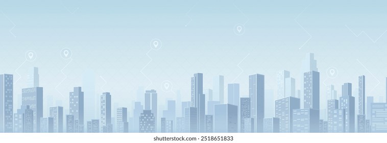 City panorama with series of modern, tall skyscrapers. Abstract horizontal background cityscape with POIs top on it. Buildings of business district. Vector illustration