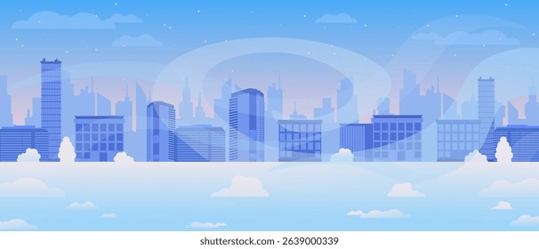 City panorama showing stylized urban skyline with modern buildings silhouetted in blue shades.