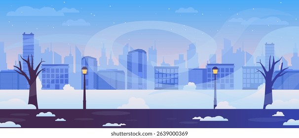 City panorama showing a winter skyline with buildings and bare trees, covered in snow.