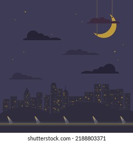 City panorama with silhouettes of houses and skyscrapers with lights in the windows, blue night sky and clouds, moon and stars, road with lanterns. Flat style vector illustration