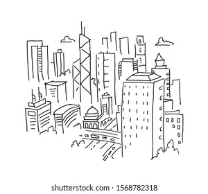 City panorama sketch. Building skyscrapers architecture landscape. Big city view. Hand drawn black line.