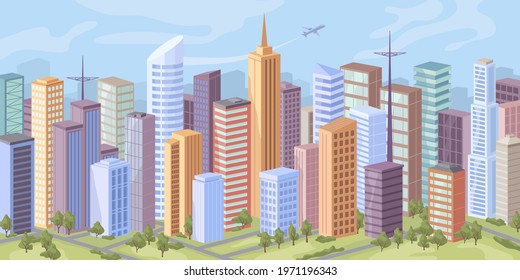 City panorama, skyscraper offices, real estate buildings, road and trees on green grass flat cartoon vector. Cityscape background, modern urban town architecture. Downtown at day, facade exteriors