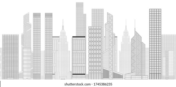 City Panorama in thin lines, illustration of big city landscape with high modern office buildings.