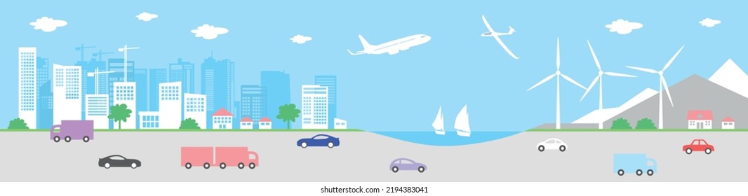 City Panorama,  Urban And Mountain Landscape, Large Modern Buildings And Private Houses Against The Backdrop Of Mountains. Sky With Clouds And Airplanes, Street With Cars.