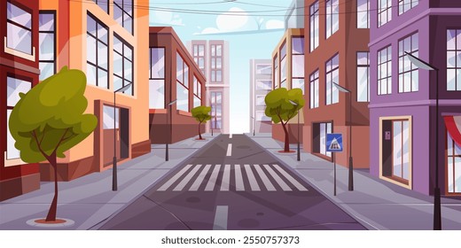 City panorama view during day time. Vector town scene with buildings and street with pedestrian crossing sign. Cityscape with infrastructure and skyline scenery, broad road with trees