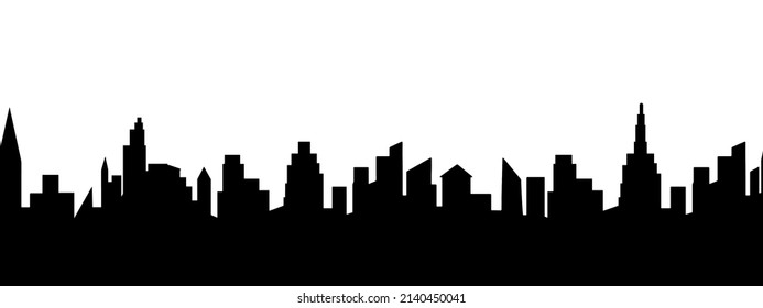 City panorama view, flat graphic vector illustration. Simple isolated black shadow shape, seamless border abstract print. Urban building silhouette.