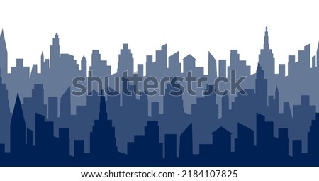 City panorama view, flat graphic vector illustration. Simple isolated shadow shape, border abstract print. Urban building silhouette.