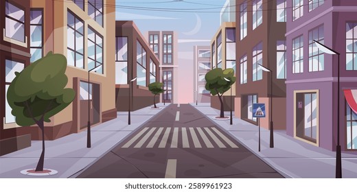 City panorama view in morning, cityscape with sunrise at horizon. Vector skyline with street, road signs and apartment building blocks, scene of urban environment, downtown or suburbs