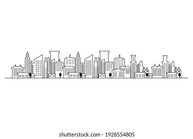 City panoramas in thin lines, Wide-angle city illustrations, Outline cityscape on a white background.