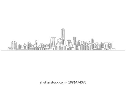 City panoramas in thin lines, Wide-angle city illustrations, Outline cityscape on a white background.