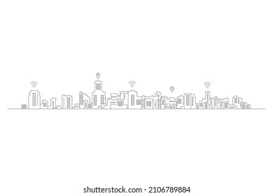 panoramas de la ciudad en líneas delgadas, ilustraciones de ciudad de gran angular, Esbozo de paisaje urbano en un fondo blanco.