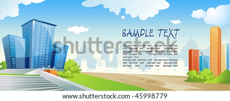 City panoramic landscape with type of modern buildings. Silhouette of colorful city with road on urban background. Vector illustration art.