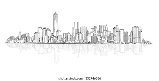 City panoramic skyline view. Urban architectural buildings. Cityscape sketch. 