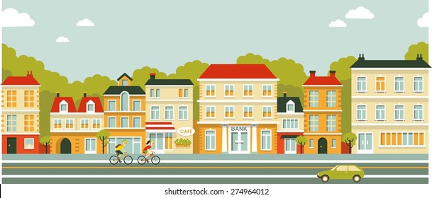 City panoramic street seamless background in flat style