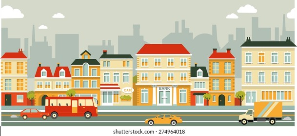 City Panoramic Street Seamless Background In Flat Style